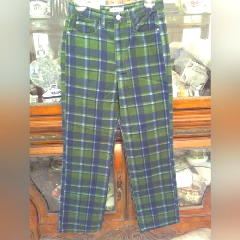 BNWT JEANS PLAID GREENS AND BLUE AMAZINGLY  SZ.27 BY WEWOREWHAT HIGH RISE